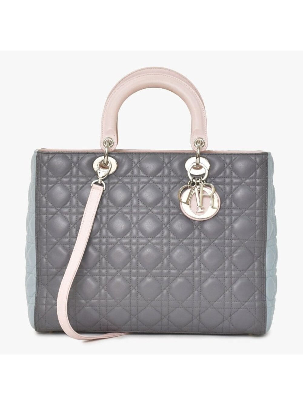 Dior Lady Large Tricolor Handbag 2-Way Gray Pink Light Blue Lambskin